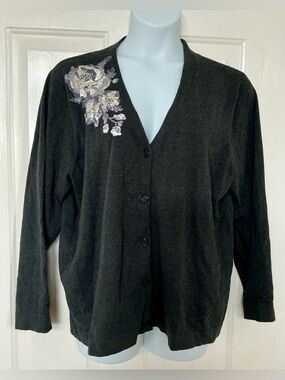Isaac Mizrahi Dark Charcoal Cardigan with Floral Embroidery 3X